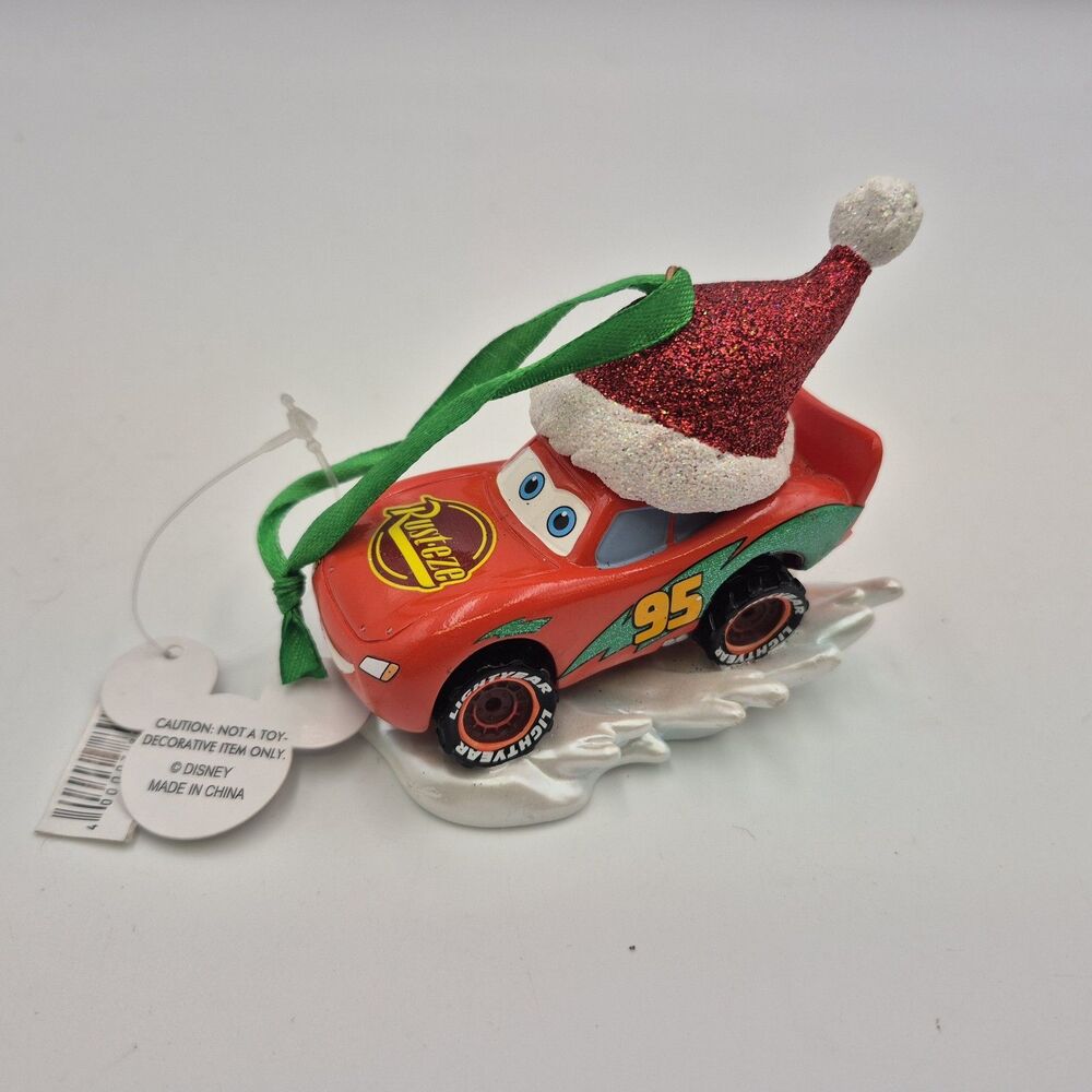 Disney Parks Pixar Cars Lightning McQueen Christmas Ornament Glitter Santa Hat
